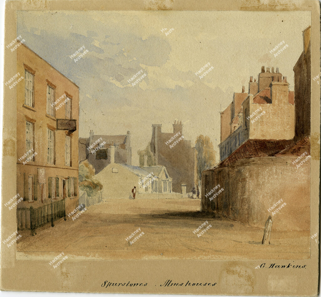 Spurstowe’s Almshouses, The Grove, south Hackney, c.1830.