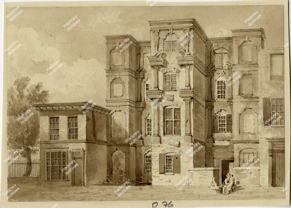 Templar’s House, Mare Street, Hackney, c.1820. Ink drawing of Templar’s House, Church Street (later Mare Street). House was demolished c.1825. Includes sign ‘Washing done by hand’.
