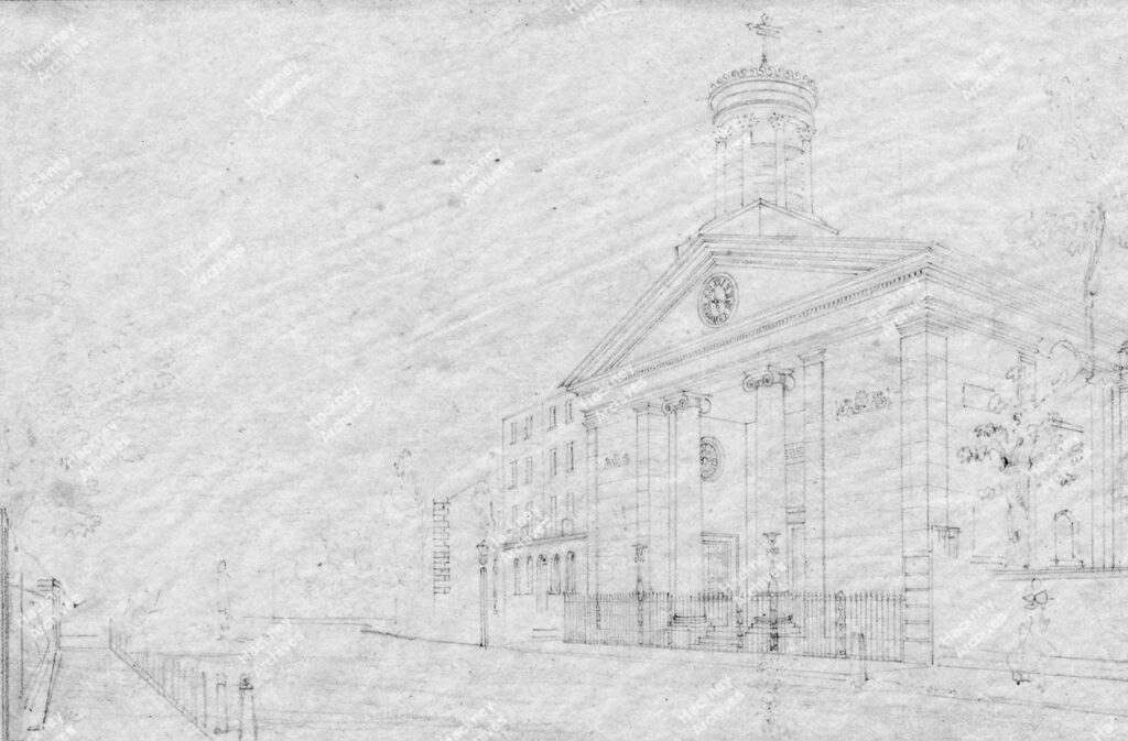 south Hackney Church,Well Street looking west, c.1830s.