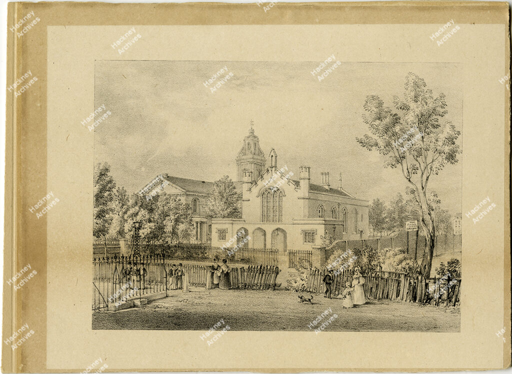 Hackney Grammar School, Sutton Place, Homerton, Hackney, c.1835. Lithograph of Hackney Grammar School, Sutton Place. Includes new Church behind school with site adjoining vacant but ready for development.