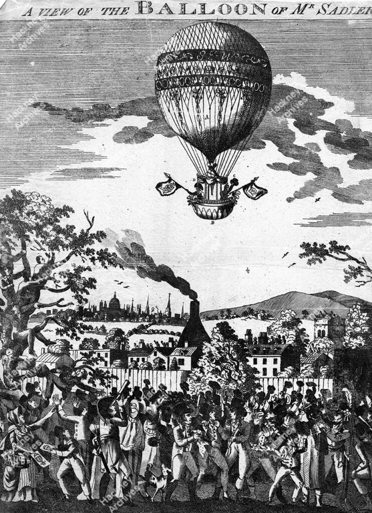Woodcut print of the ‘View of the Balloon of Mr Sadler’s…This balloon ascended with Mr Sadler and Captain Paget of the Royal Navy from the Mermaid Gardens at Hackney, at three o’clock on Monday afternoon, August the 12th 1811 and descended in a field near Tilbury.’