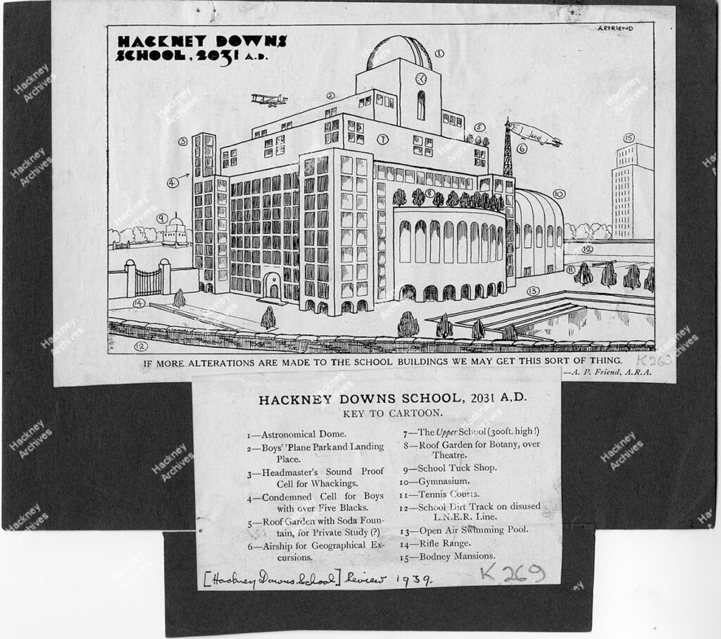 Futuristic cartoon view by Architect of Hackney Downs School in 2031,  1939.