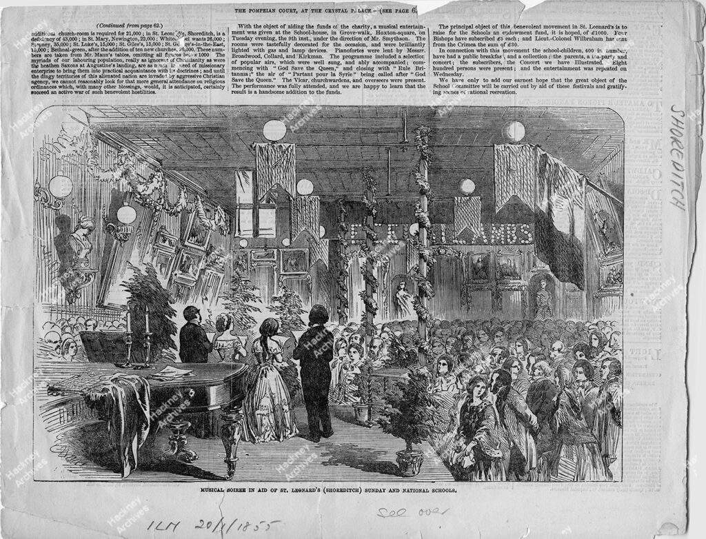 Musical soiree in aid of St. Leonard’s Sunday School, Shoreditch, Hackney. Black and white printed engraved illustration from The Illustrated London News of musical events held in aid of St Leonard’s Sunday and National Schools held at Grove Walk, Hoxton Square. Image shows concert with audience, 1855.