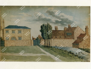 Silk Mill, Mill Row, south Hackney,  view west with Hackney Brook,1830.