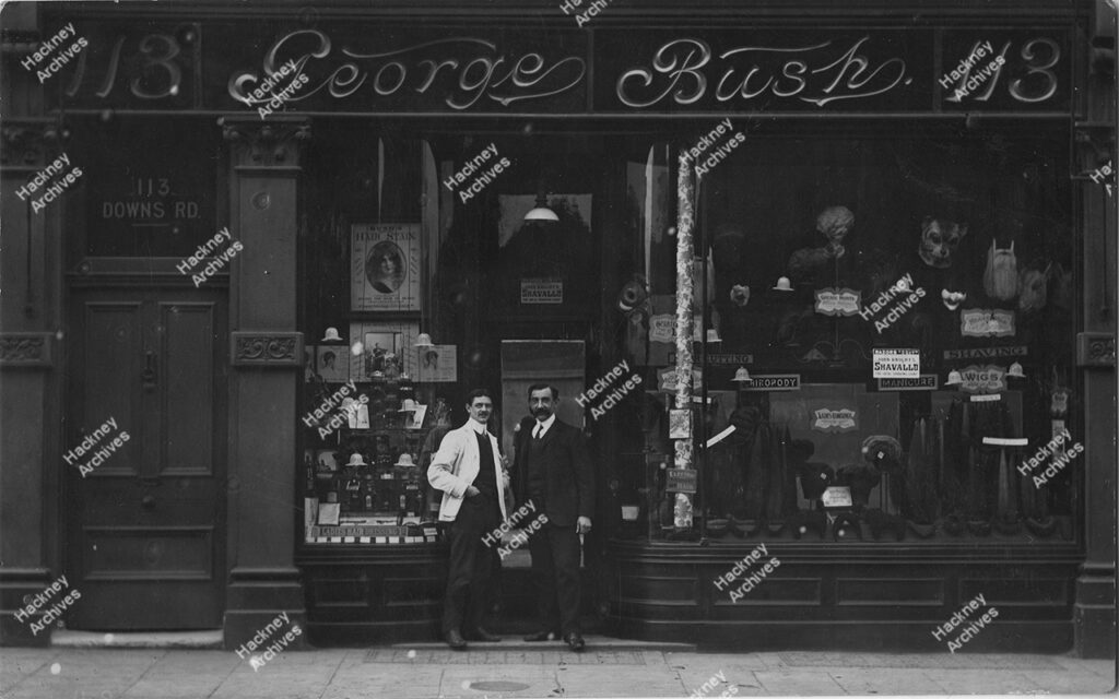 George Bush, Hairdresser, Barber, Downs Road, Hackney, c.1905.