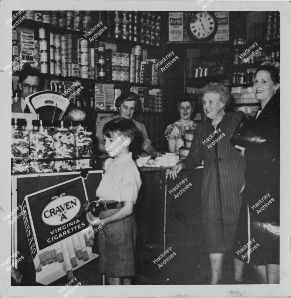 Interior of Sidney Stores grocers, Kenworthy (Sidney Road),  Hackney c.1955.