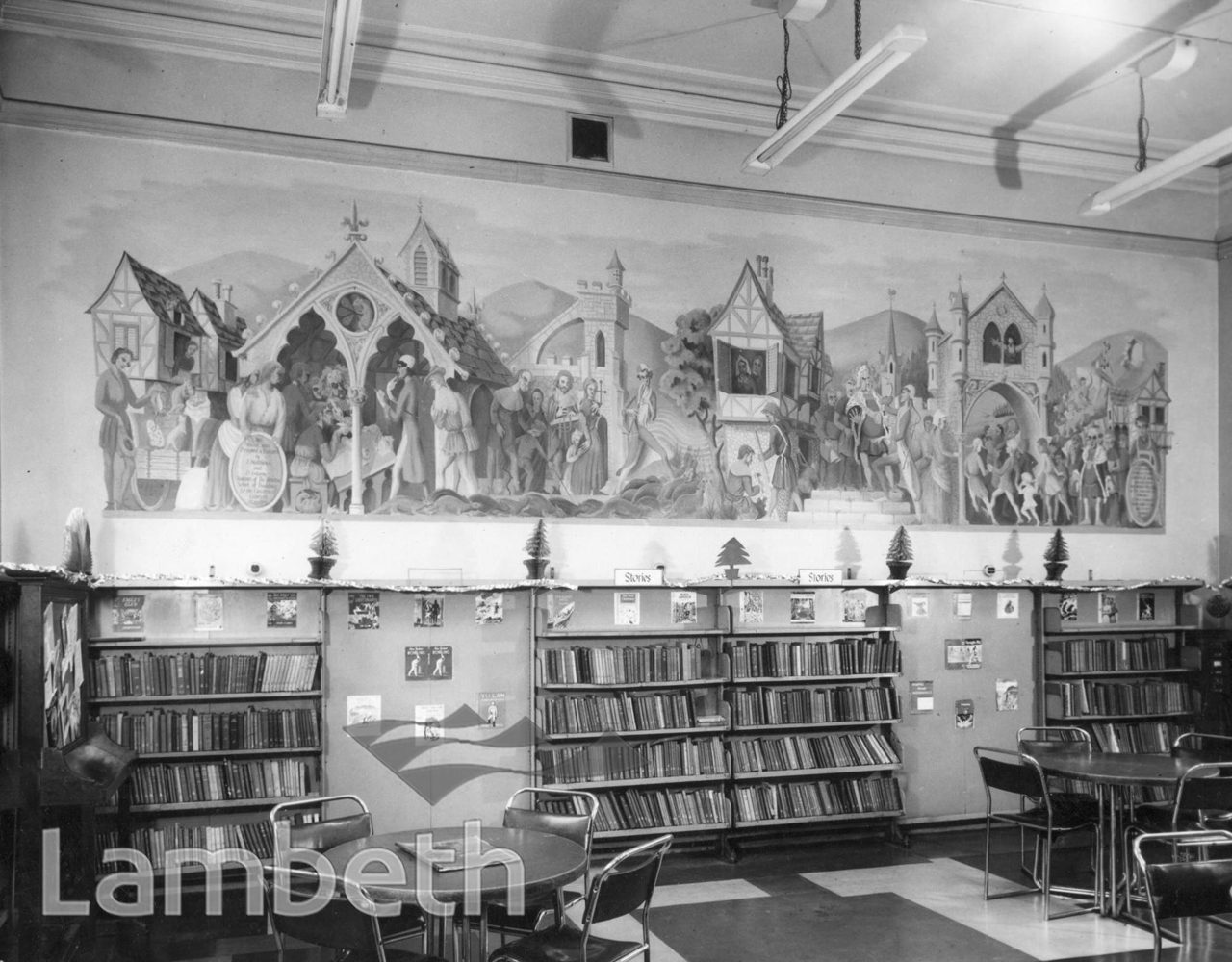 amazing mural depicting a mediaeval village scene in Durning Library, 1952