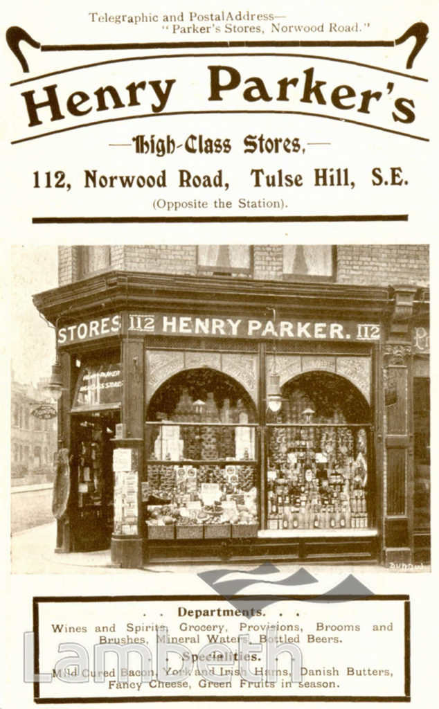 HENRY PARKER’S, NORWOOD ROAD, TULSE HILL: ADVERTISEMENT