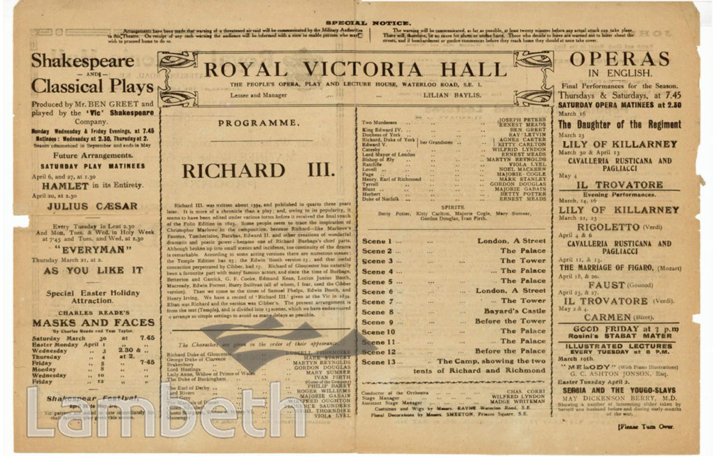 ROYAL VICTORIA HALL, WATERLOO: PROGRAMME