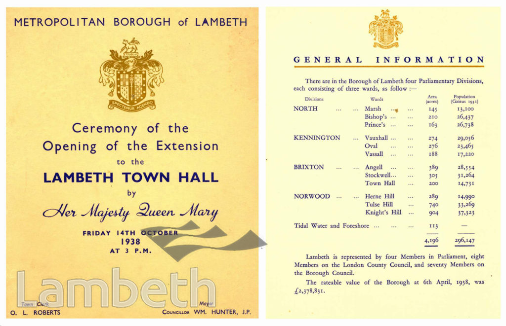 LAMBETH TOWN HALL, BRIXTON CENTRAL : SOUVENIR PROGRAMME
