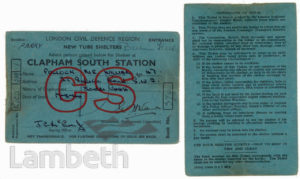 CIVIL DEFENCE, AIR RAID SHELTER TICKET: WORLD WAR II