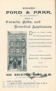 FORD & PARR, BRIXTON ROAD, BRIXTON CENTRAL: ADVERTISEMENT