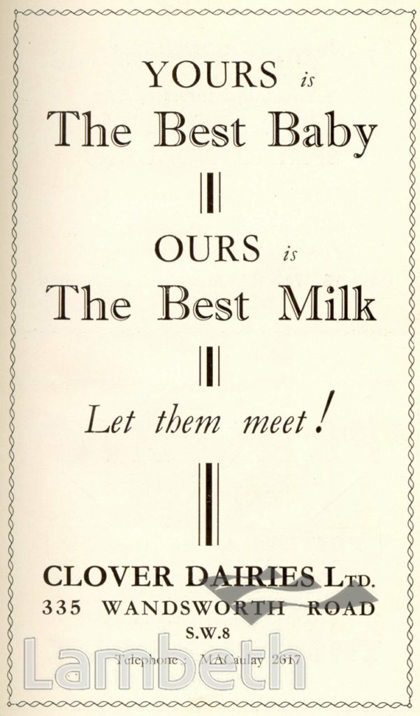 CLOVER DAIRIES, WANDSWORTH ROAD, STOCKWELL: ADVERTISEMENT