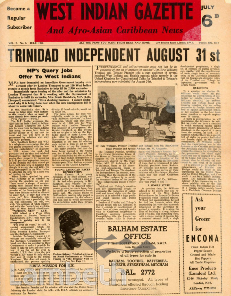 WEST INDIAN GAZETTE, COVER OF THE JULY ISSUE