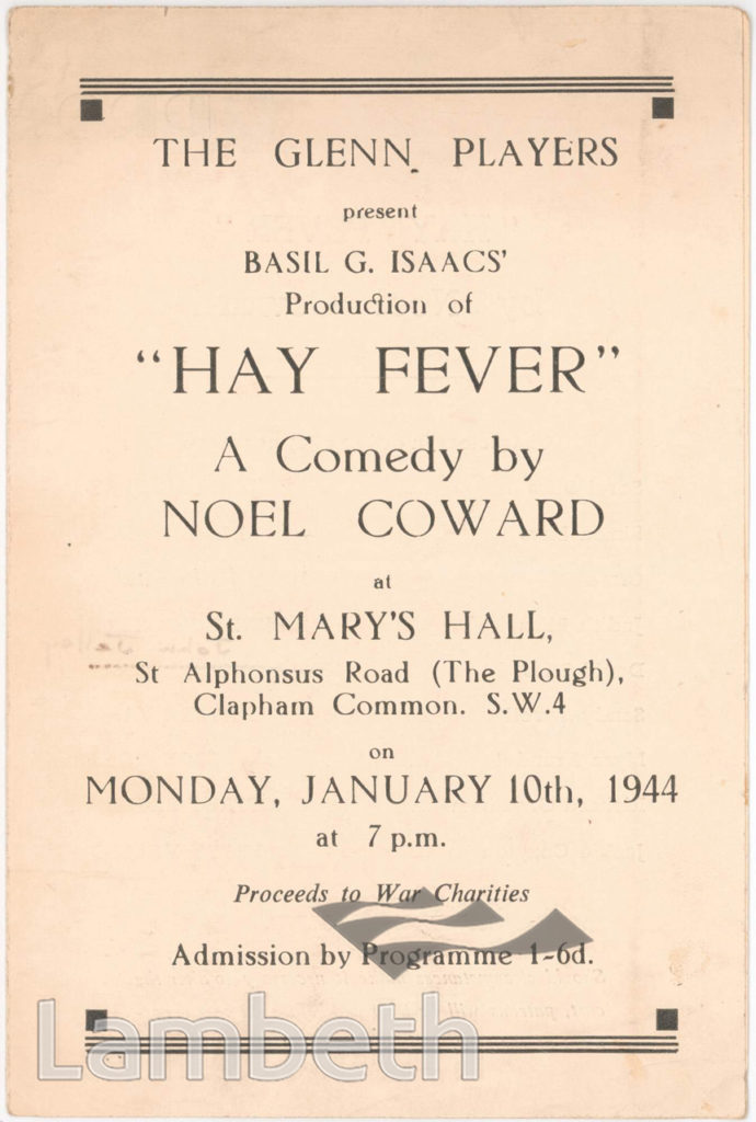 ‘HAY FEVER’ PROGRAMME, ST MARY’S HALL, CLAPHAM