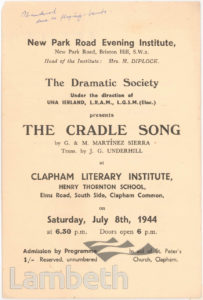 'THE CRADLE SONG' PROGRAMME, CLAPHAM LITERARY INSTITUTE