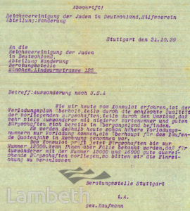 LETTER REGARDING JEWISH EMIGRATION: WORLD WAR II