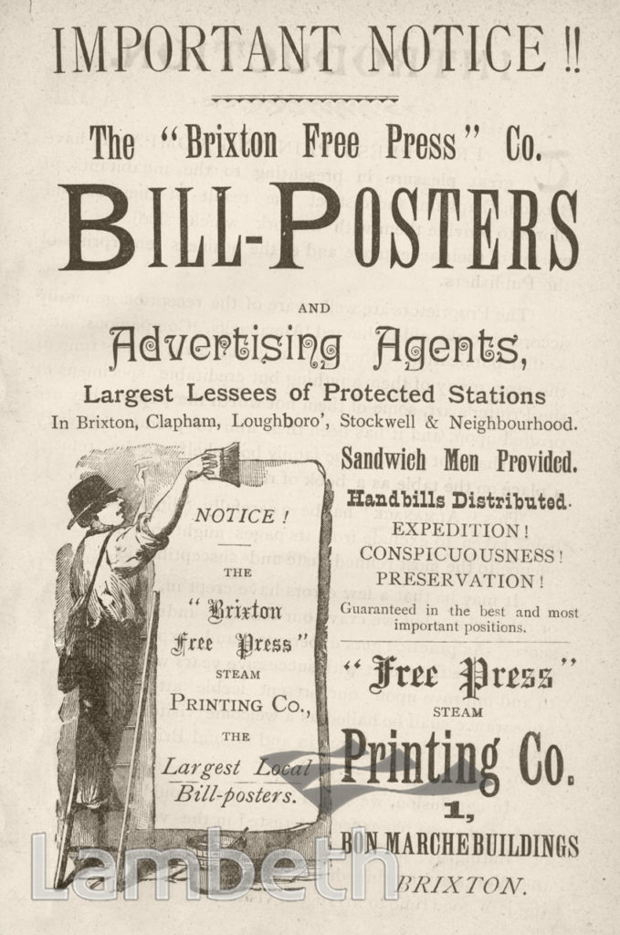 BILL-POSTERS’ ADVERT, BRIXTON FREE PRESS