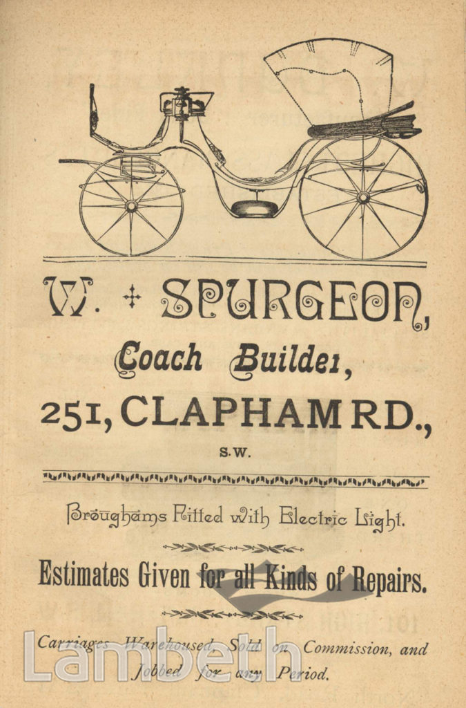 ADVERT, W.SPURGEON, COACH BUILDER, 251 CLAPHAM ROAD