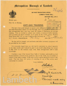 WORLD WAR II ANTI-GAS TRAINING; MR BRENCHLEY, WEST DULWICH