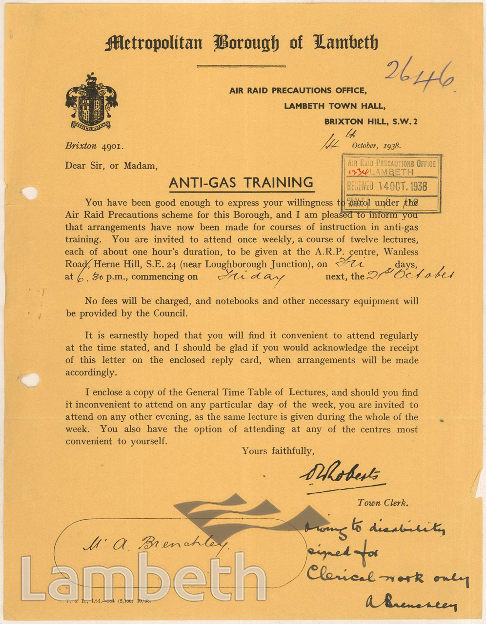 WORLD WAR II ANTI-GAS TRAINING; MR BRENCHLEY, WEST DULWICH