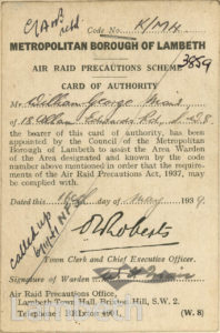 WORLD WAR II ARP AUTHORITY CARD: WILLIAM MAIR, SOUTH LAMBETH