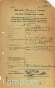 WORLD WAR II ARP FORM: EVE PINKERTON, KENNINGTON RD, LAMBETH