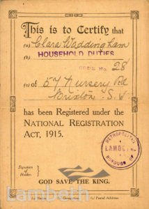 WWI REGISTRATION CERTIFICATE: CLARA WADDINGHAM, BRIXTON