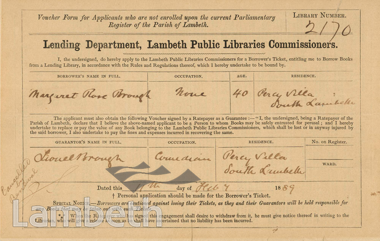 MARGARET BROUGH’S LIBRARY TICKET APPLICATION, 1889