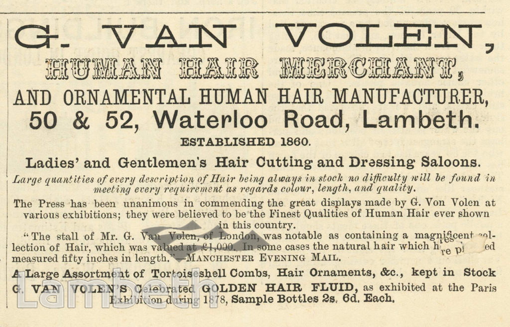 G. VAN HOLEN, HUMAN HAIR MERCHANT, WATERLOO ROAD