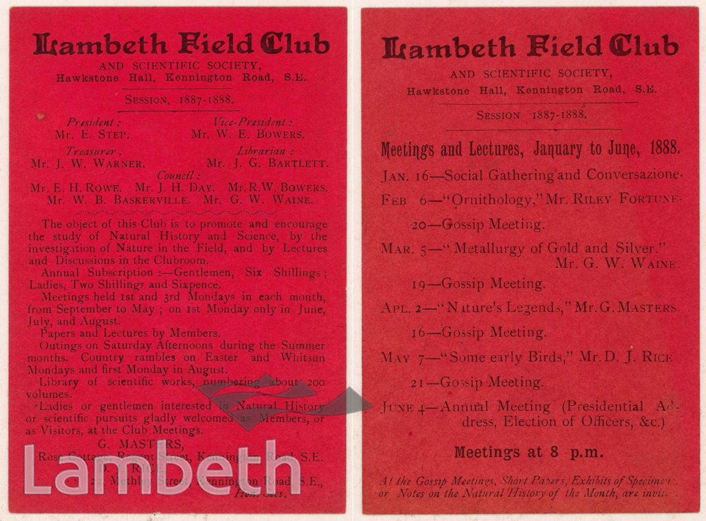 FLYER: LAMBETH FIELD CLUB, HAWKESTONE HALL, KENNINGTON ROAD