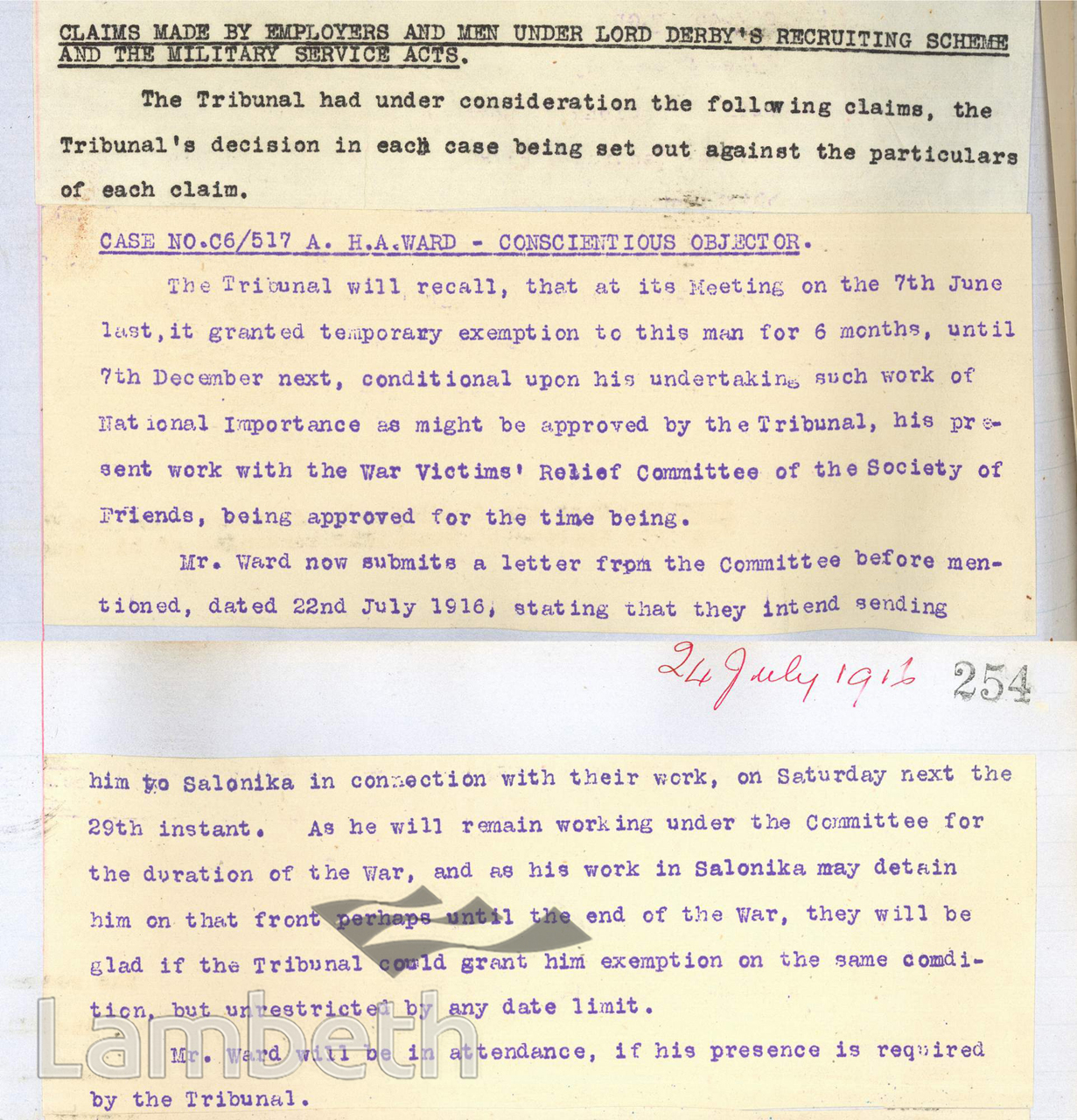 CONSCIENTIOUS OBJECTOR CONSCRIPTION EXEMPTION, WORLD WAR I