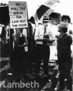CONSERVATIVE COUNCILLOR & POLL TAX PROTEST, BROCKWELL PARK