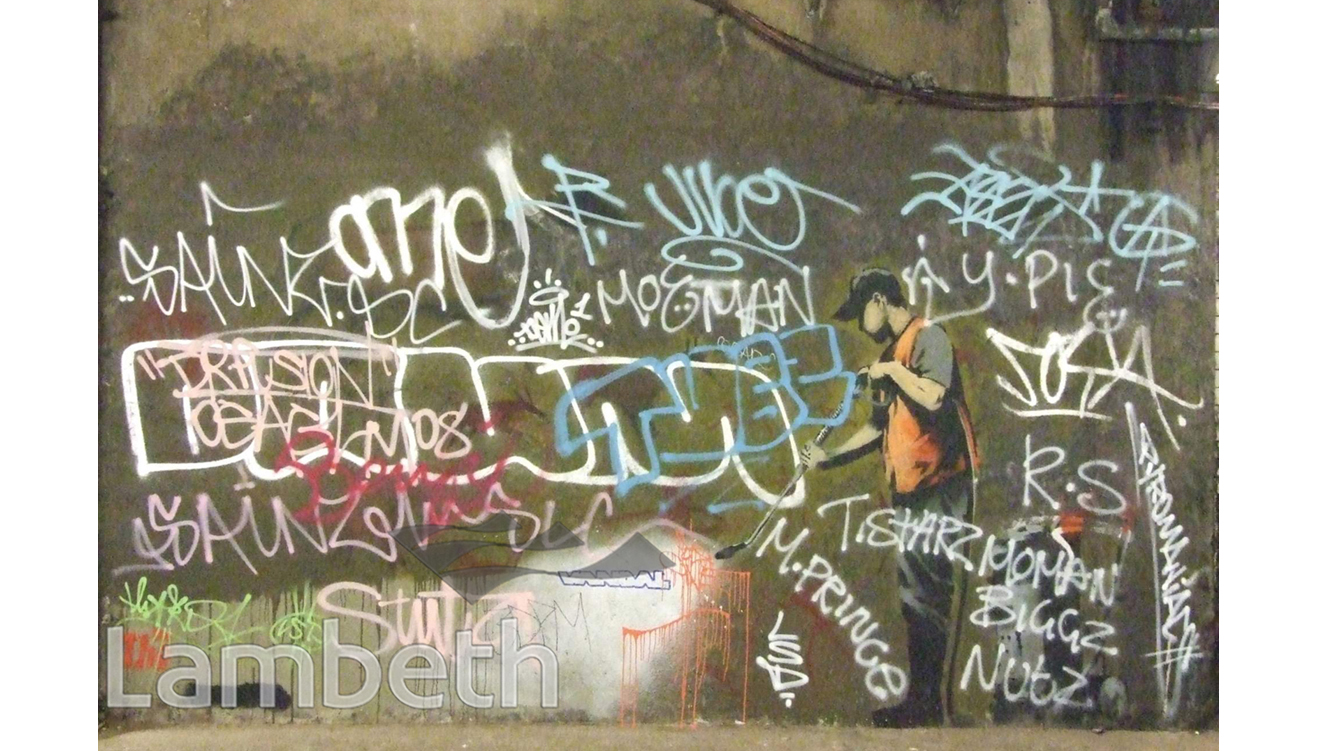 TAGGED BANKSY ARTWORK, LEAKE STREET, WATERLOO