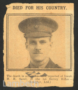 LIEUT. HAROLD SAVEL, TULSE HILL: WORLD WAR 1 FATALITY