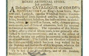 COADE STONE CATALOGUE ADVERT, KING'S ARMS STAIRS, LAMBETH