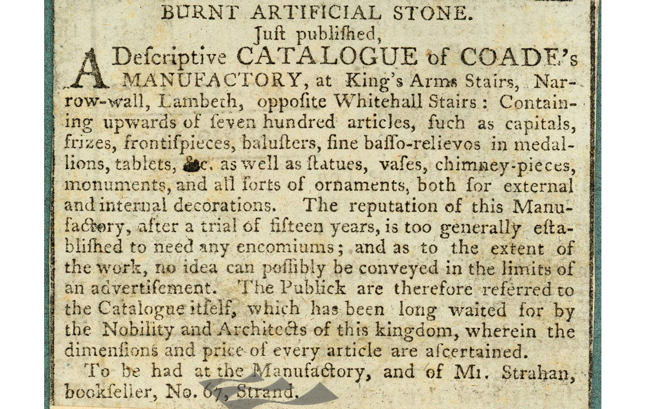 COADE STONE CATALOGUE ADVERT, KING’S ARMS STAIRS, LAMBETH