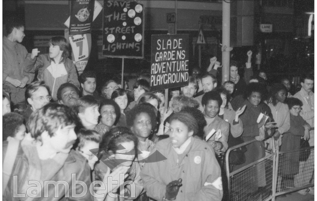 RATE-CAPPING PROTESTORS, LAMBETH TOWN HALL, BRIXTON