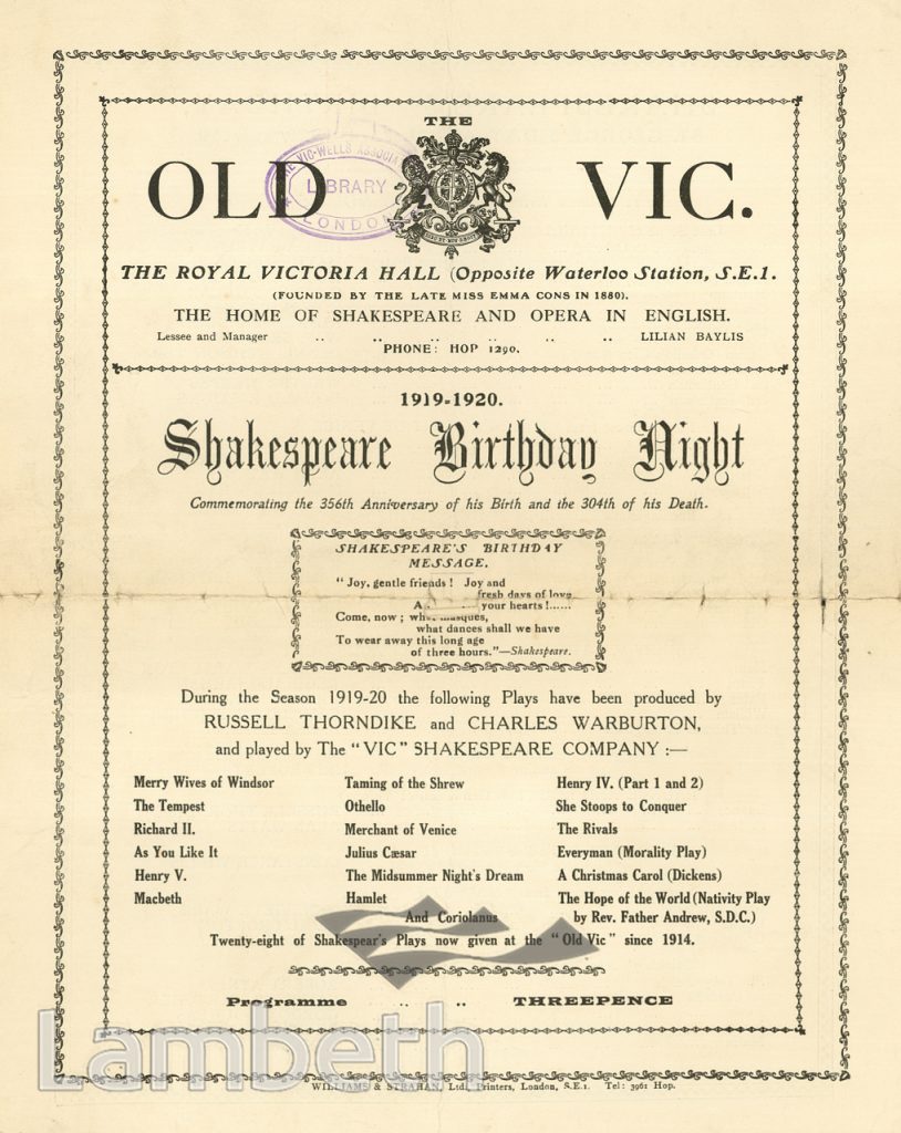 SHAKESPEARE PROGRAMME, OLD VIC THEATRE, THE CUT, WATERLOO