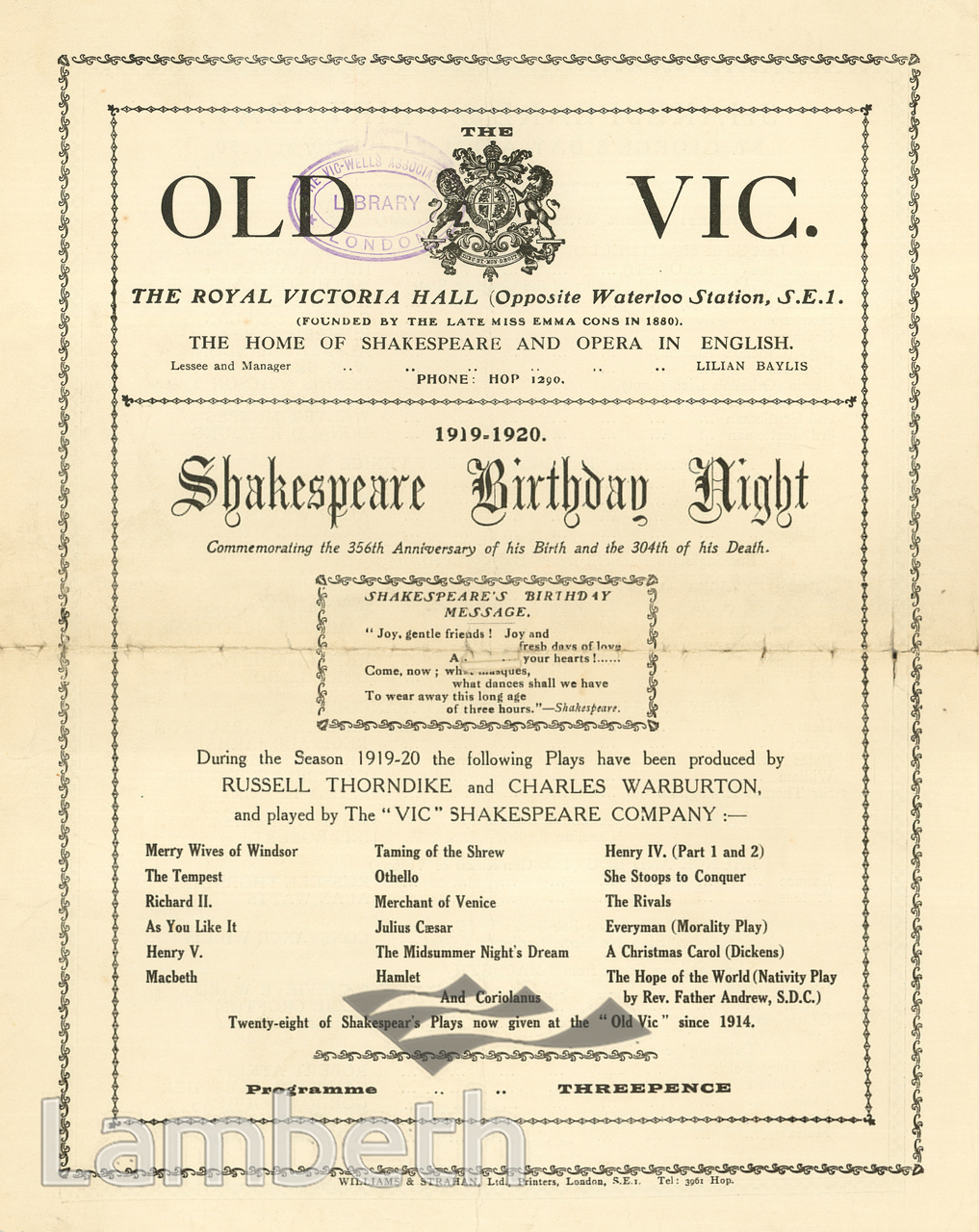 SHAKESPEARE PROGRAMME, OLD VIC THEATRE, THE CUT, WATERLOO