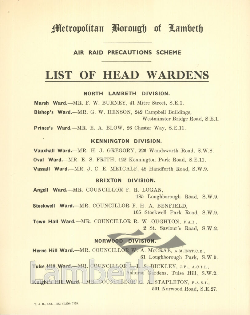 LAMBETH’S ARP HEAD WARDENS’ LIST, WORLD WAR II