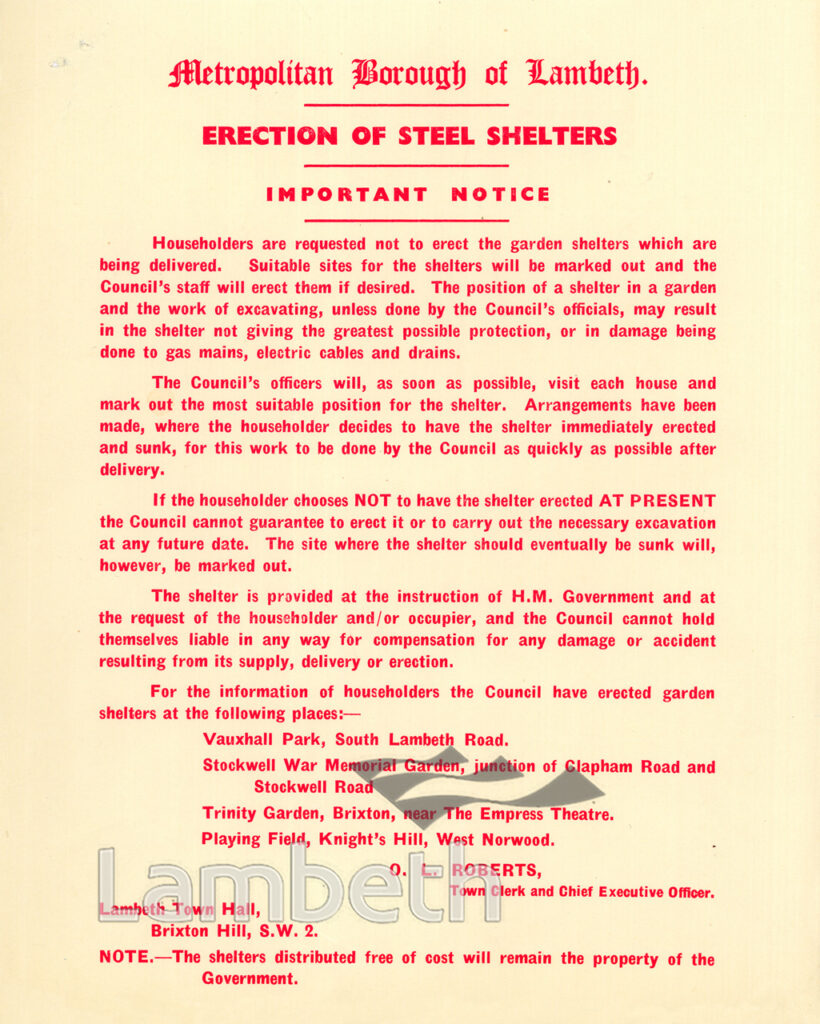 ERECTION OF STEEL AIR RAID SHELTERS IN LAMBETH