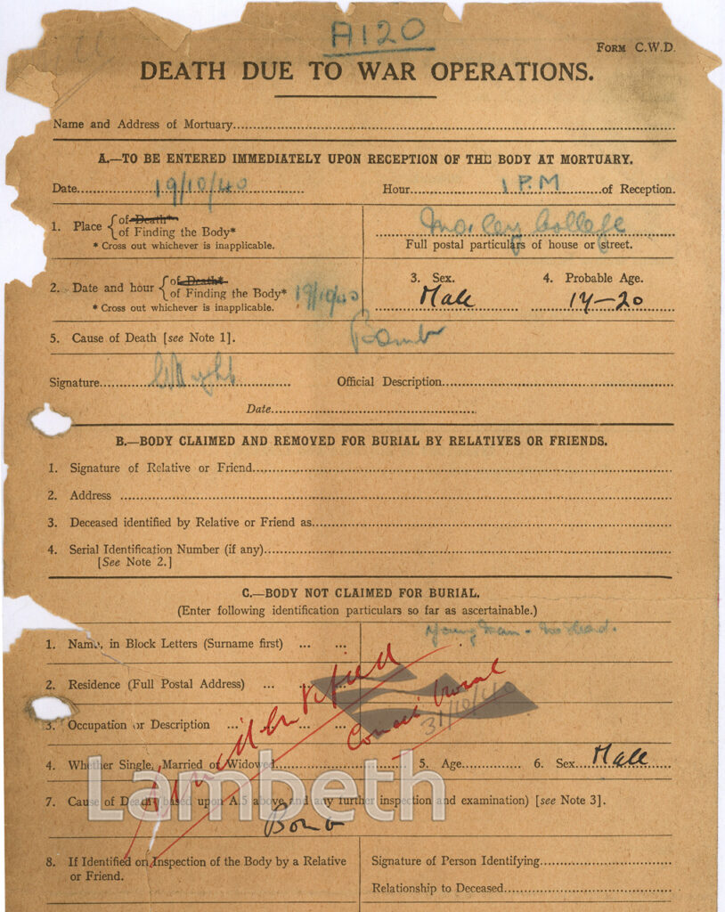 UNIDENTIFIED WORLD WAR II VICTIM, MORLEY COLLEGE, LAMBETH