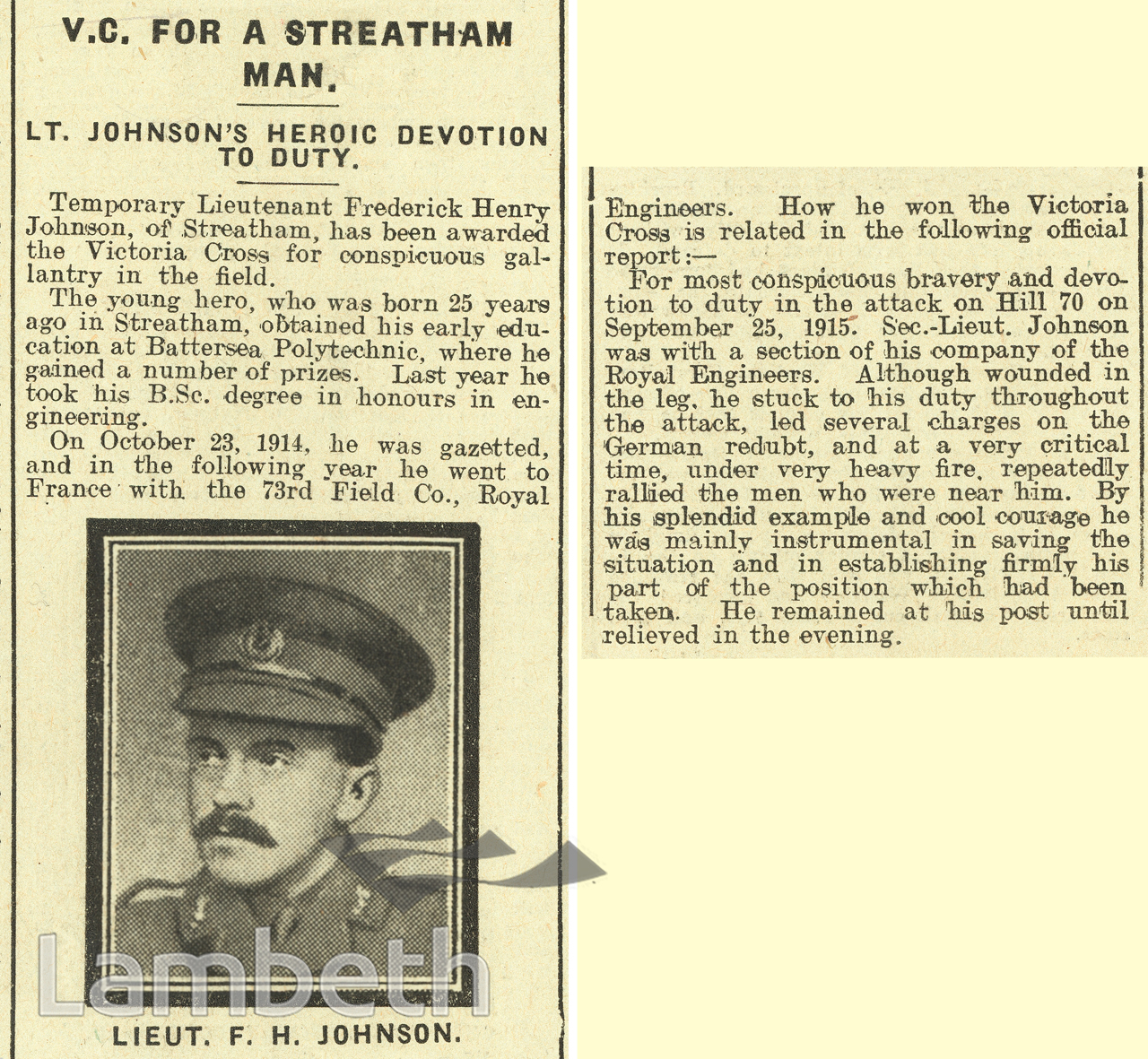 FREDERICK JOHNSON, STREATHAM V.C. RECIPIENT, WORLD WAR I