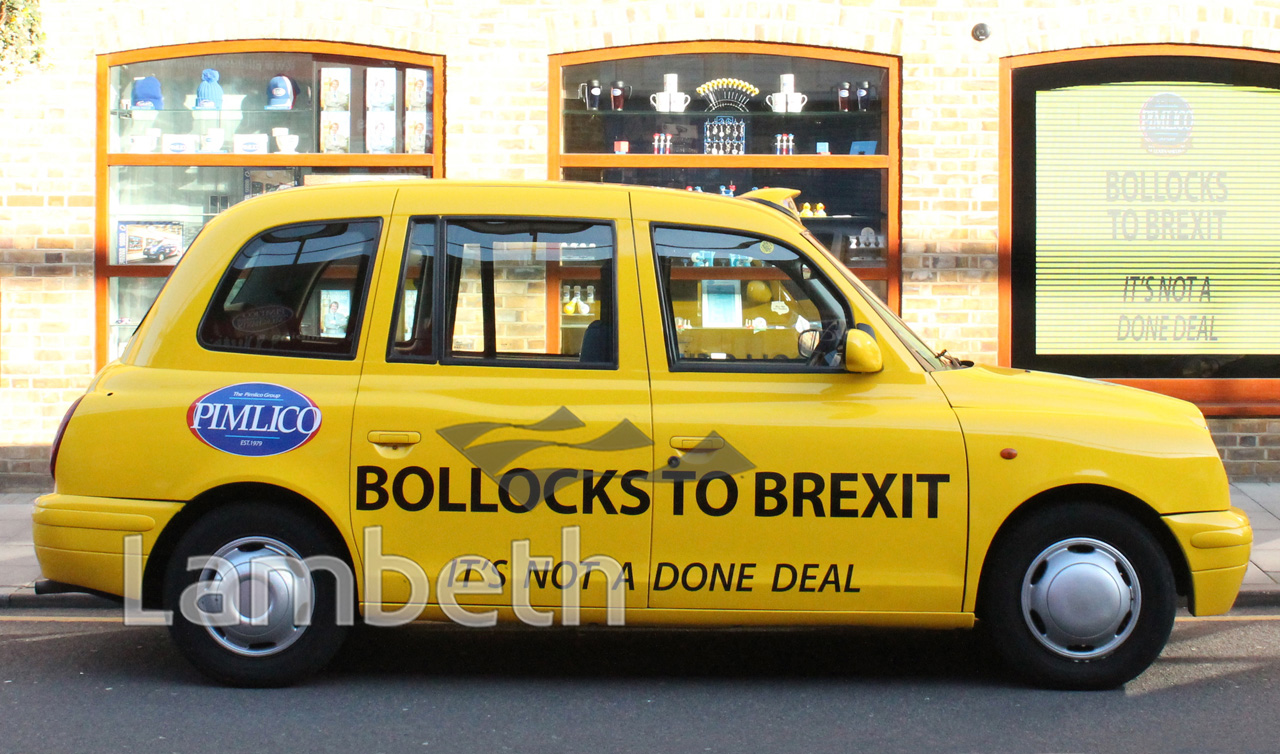 PIMLICO PLUMBER’S, BREXIT PROTEST TAXI, SAIL STREET, LAMBETH