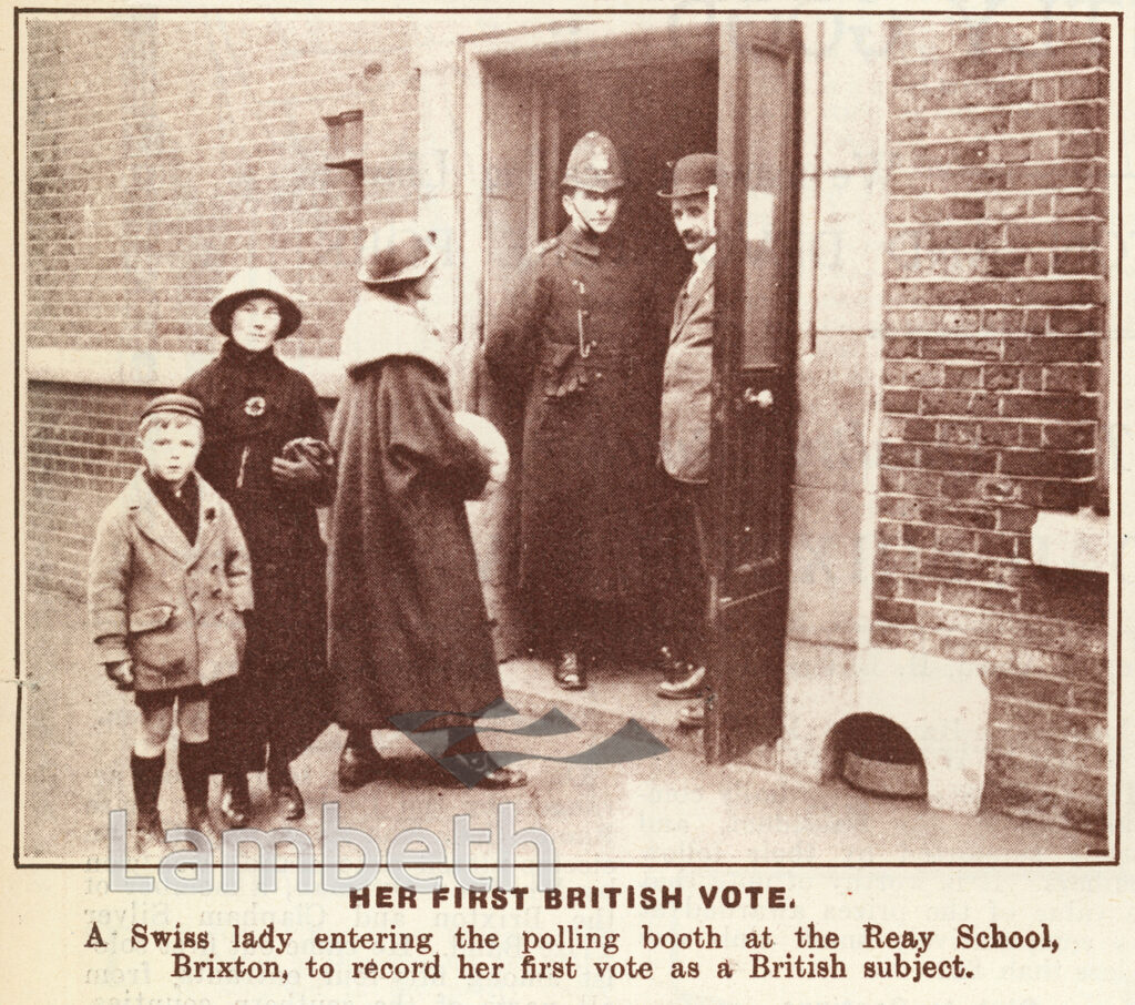 SWISS LADY VOTER, GENERAL ELECTION, REAY SCHOOL, BRIXTON