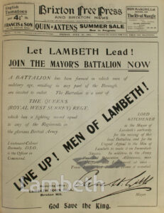 RECRUITMENT FOR MAYOR’S LAMBETH BATTALION, WWI