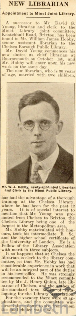 MR.WILLIAM JAMES HOBBY, LIBRARIAN, MINET LIBRARY
