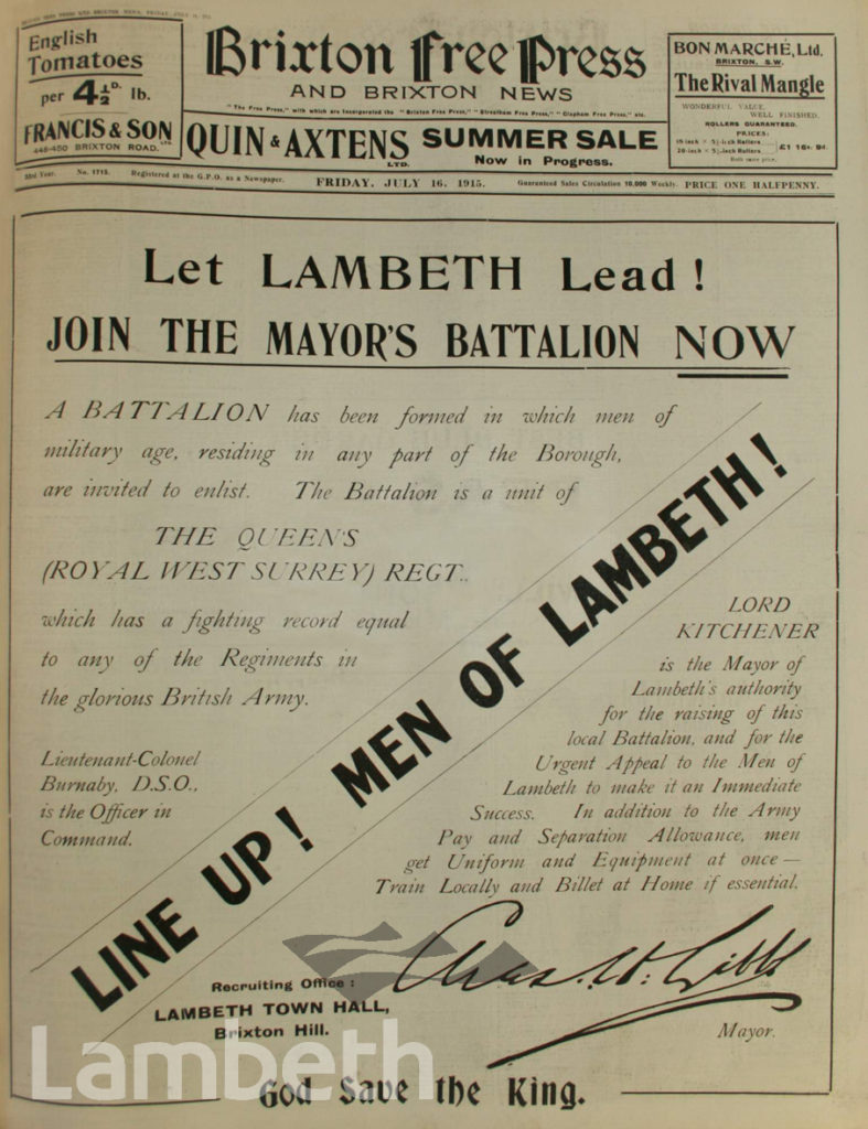RECRUITMENT FOR MAYOR’S LAMBETH BATTALION, WWI