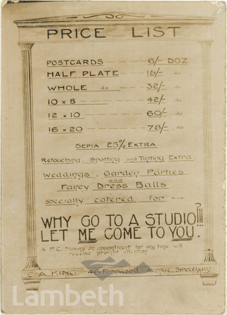 PRICE LIST: C.A.KING PHOTOGRAPHER, FERNWOOD AVE, STREATHAM